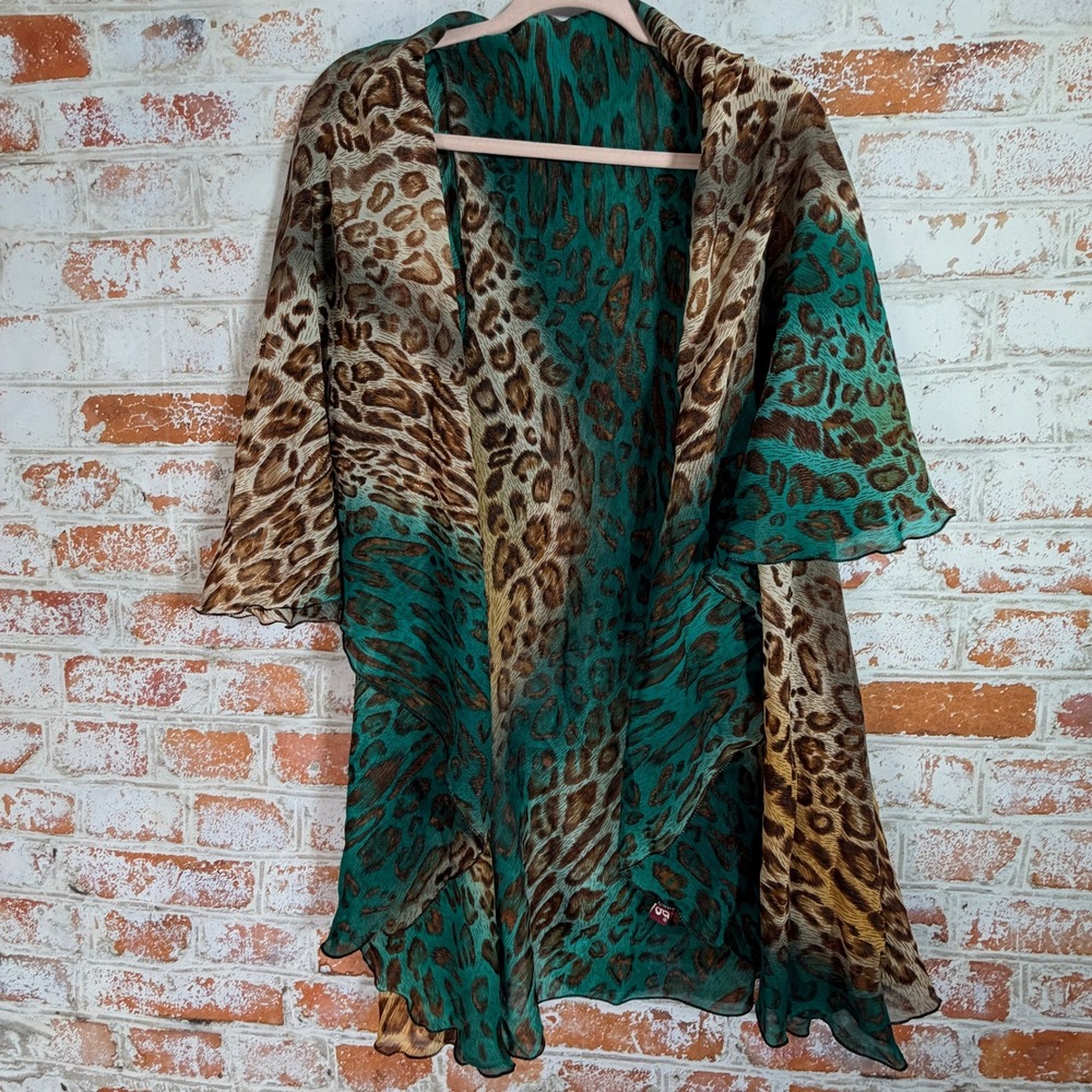 aa Kimono Wrap Womens OS Teal Brown Excellent Leopard Animal Print Chiffon